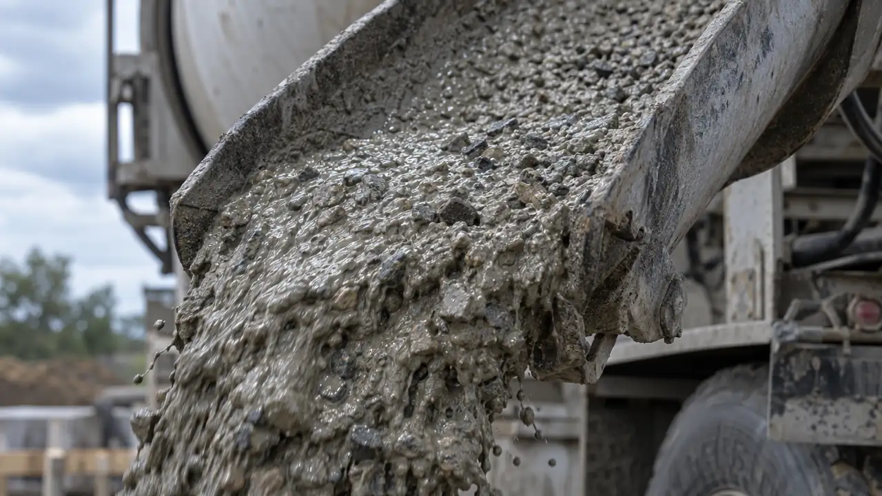 Fresh concrete running down the chute of a ready-mix truck on a jobsite