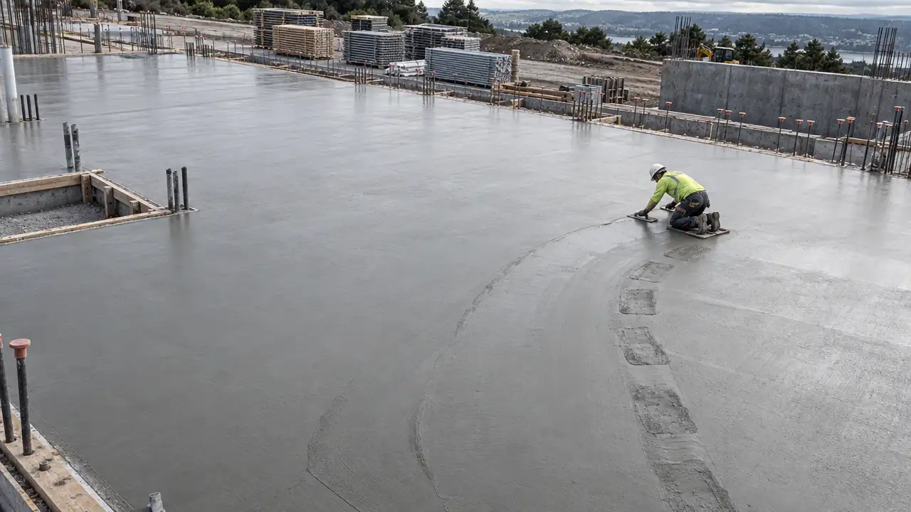 A concrete worker power-floating a large finished slab on a residential site