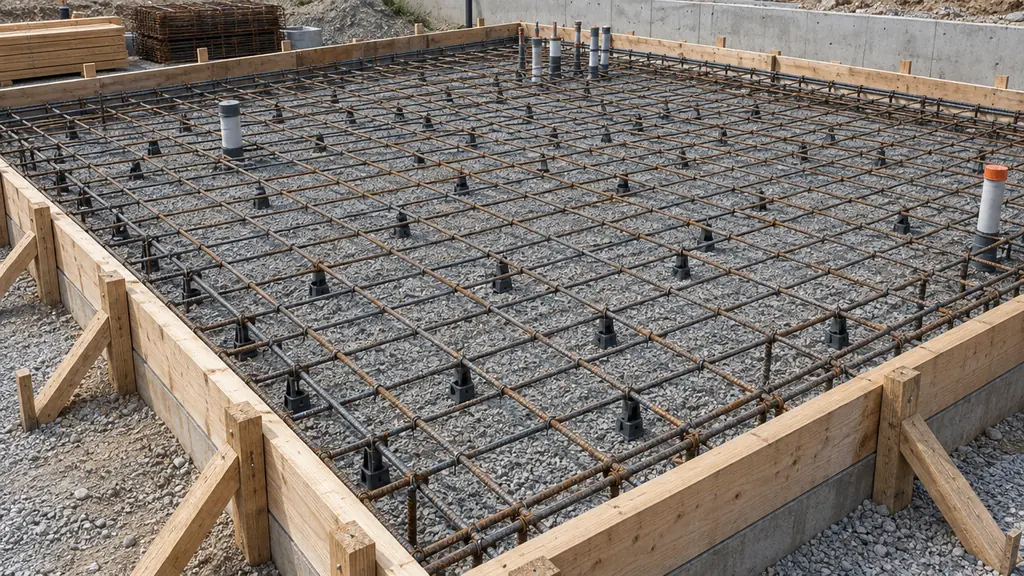 Rebar grid and formwork laid out on a prepared residential slab